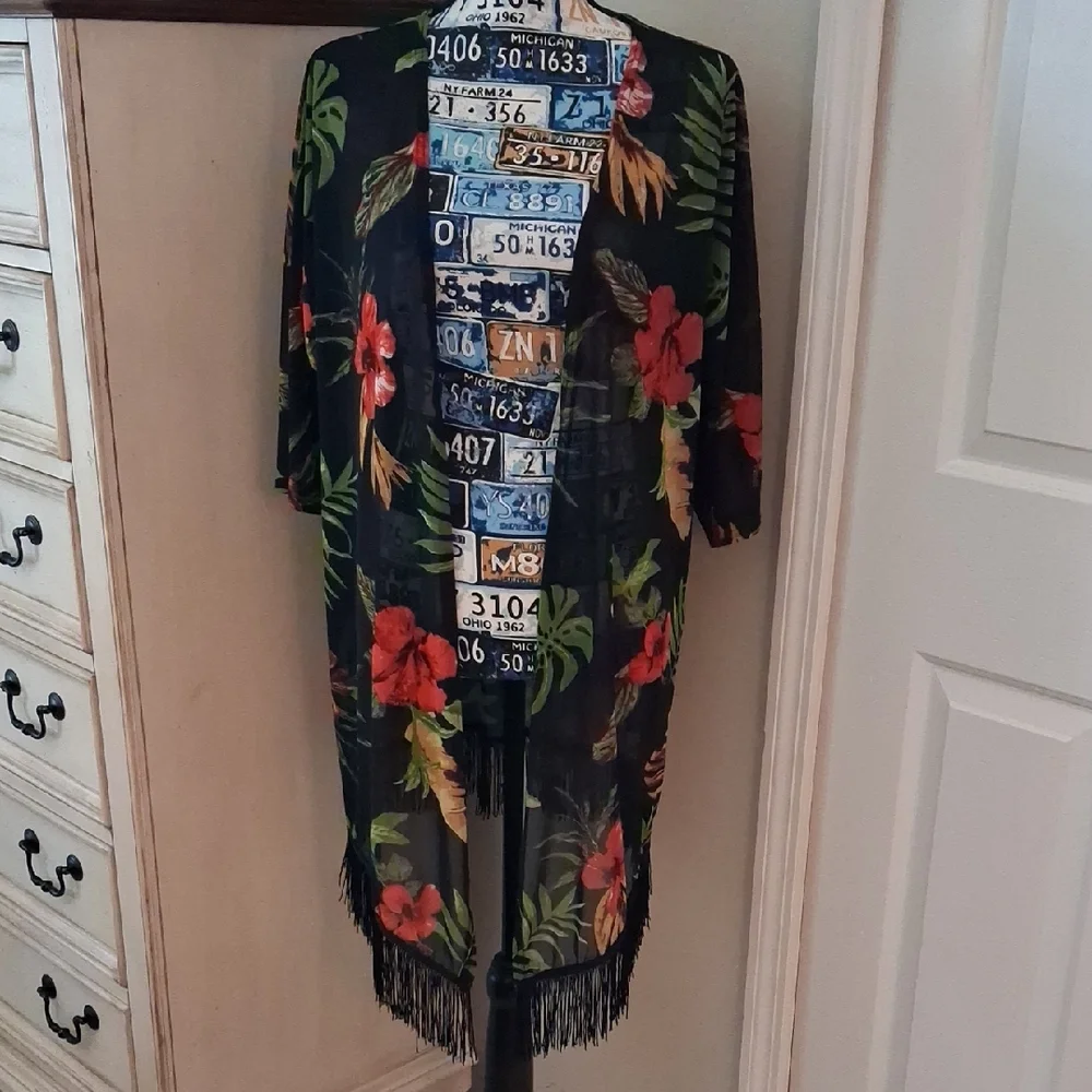 Floral Black Kimono with Fringe - Picture 1 of 3